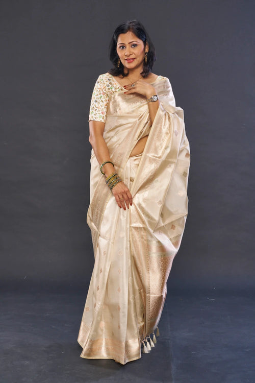 Antique White Banarasi Tissue Saree with Butti Border