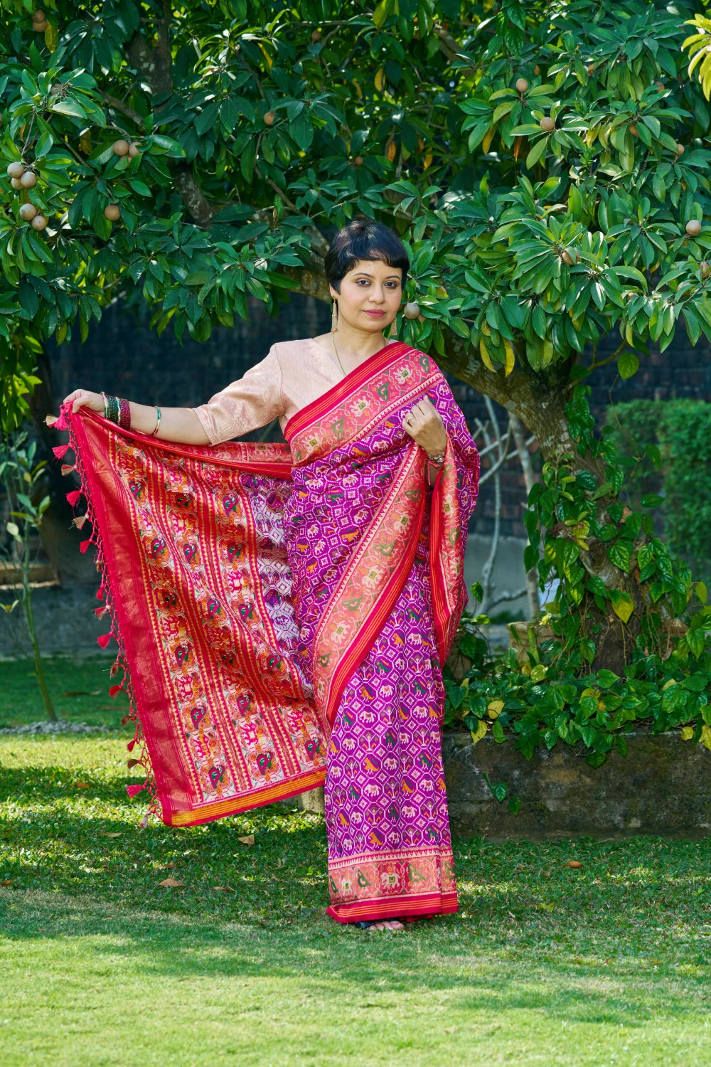 Dazzling Vibrant Purple Patola Silk With Contrast Magenta Border and Intricate Animal Motifs