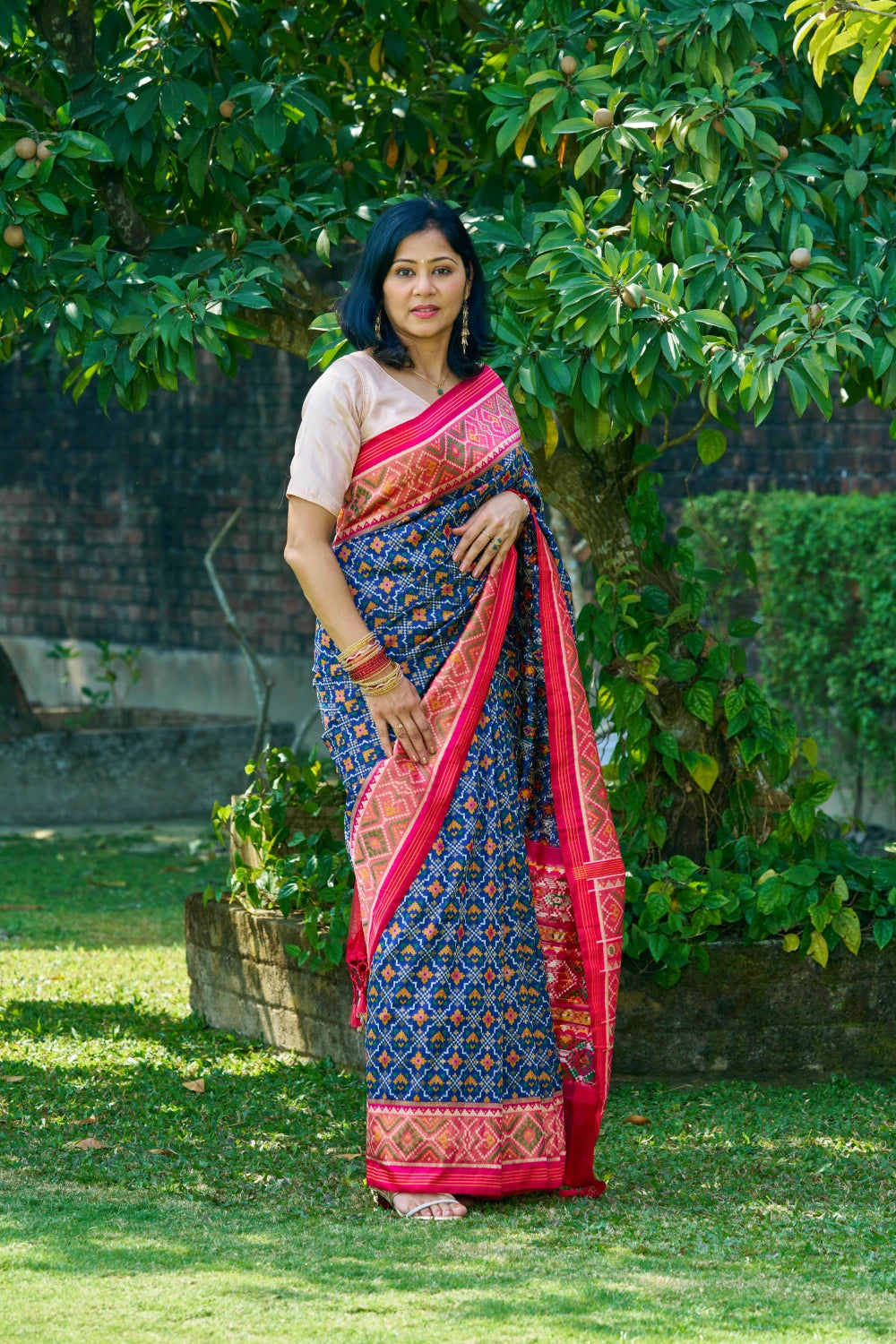 Premium Pacific Navy Patola Silk With Striking Magenta Border