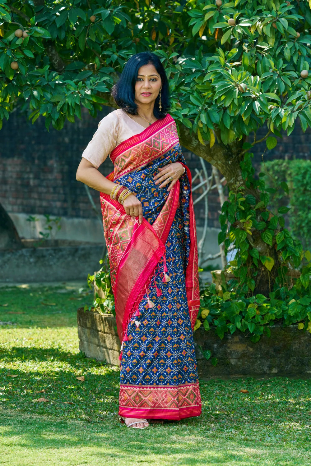 Premium Pacific Navy Patola Silk With Striking Magenta Border