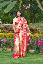 Glowing Rose Gold Saree With Rani Pink Magenta Temple Border