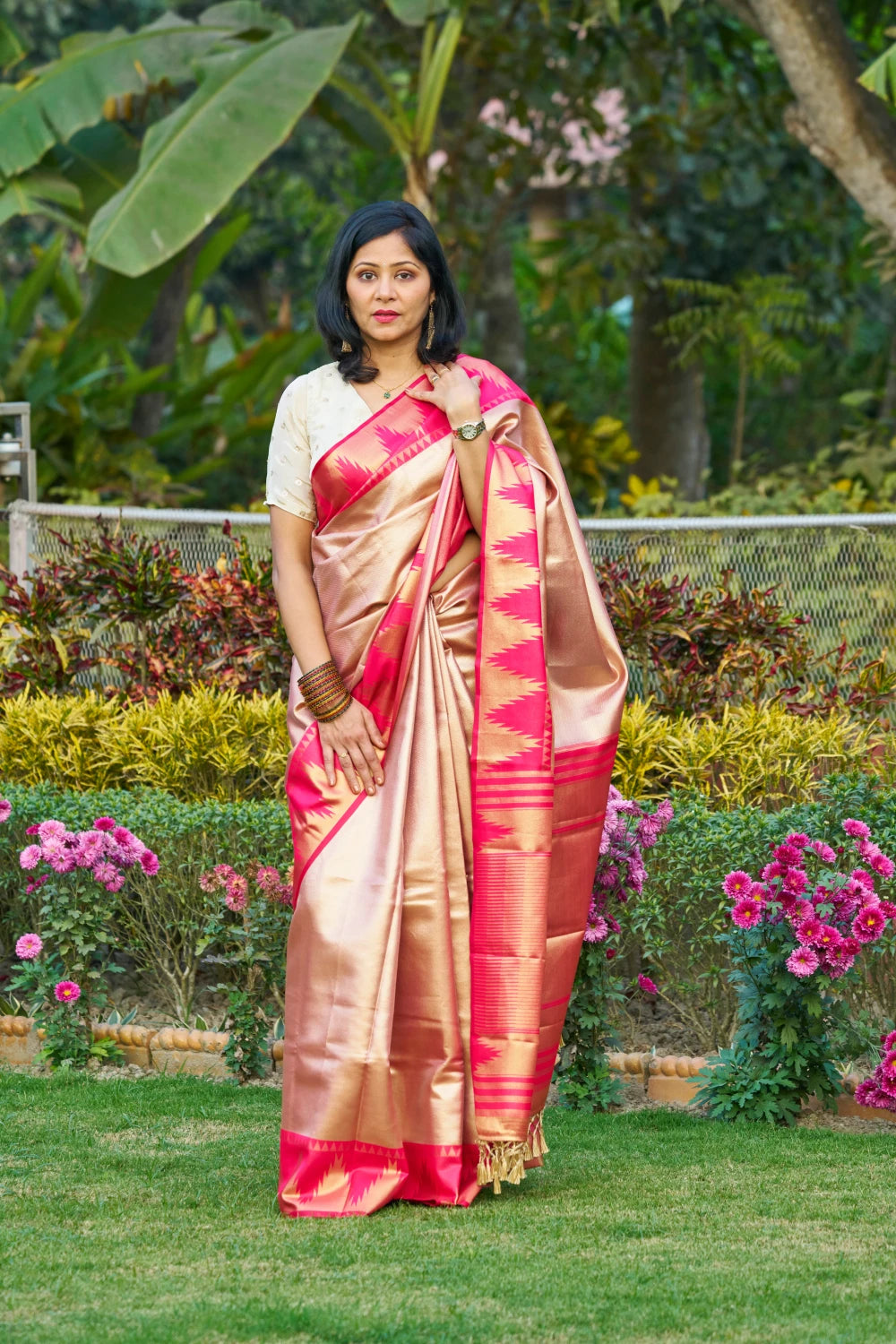Glowing Rose Gold Saree With Rani Pink Magenta Temple Border