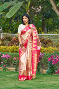 Glowing Rose Gold Saree With Rani Pink Magenta Temple Border