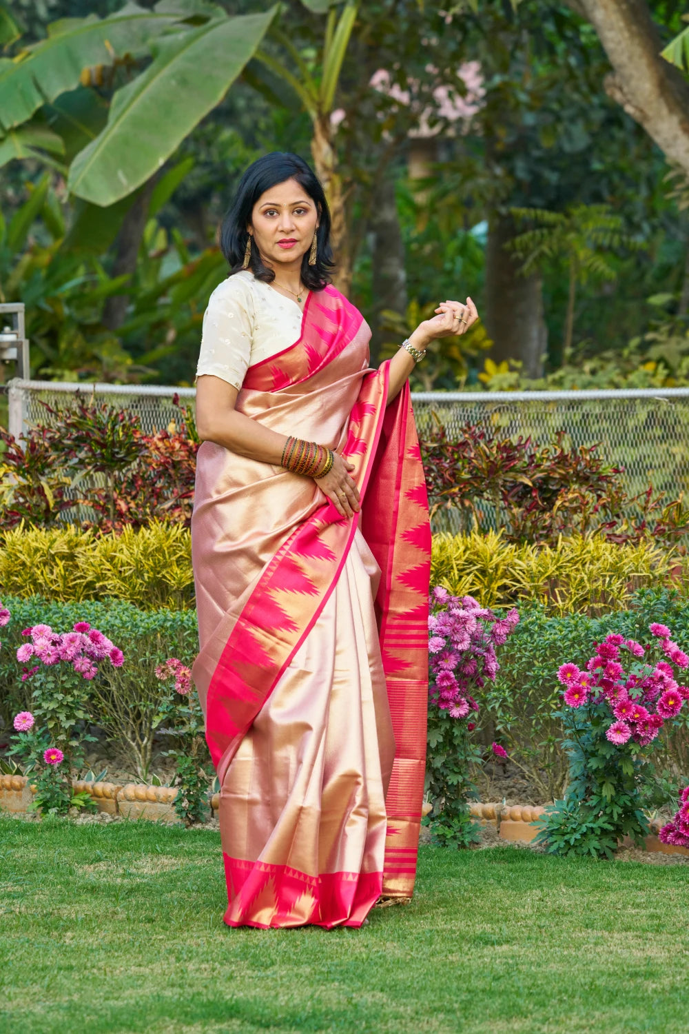 Glowing Rose Gold Saree With Rani Pink Magenta Temple Border