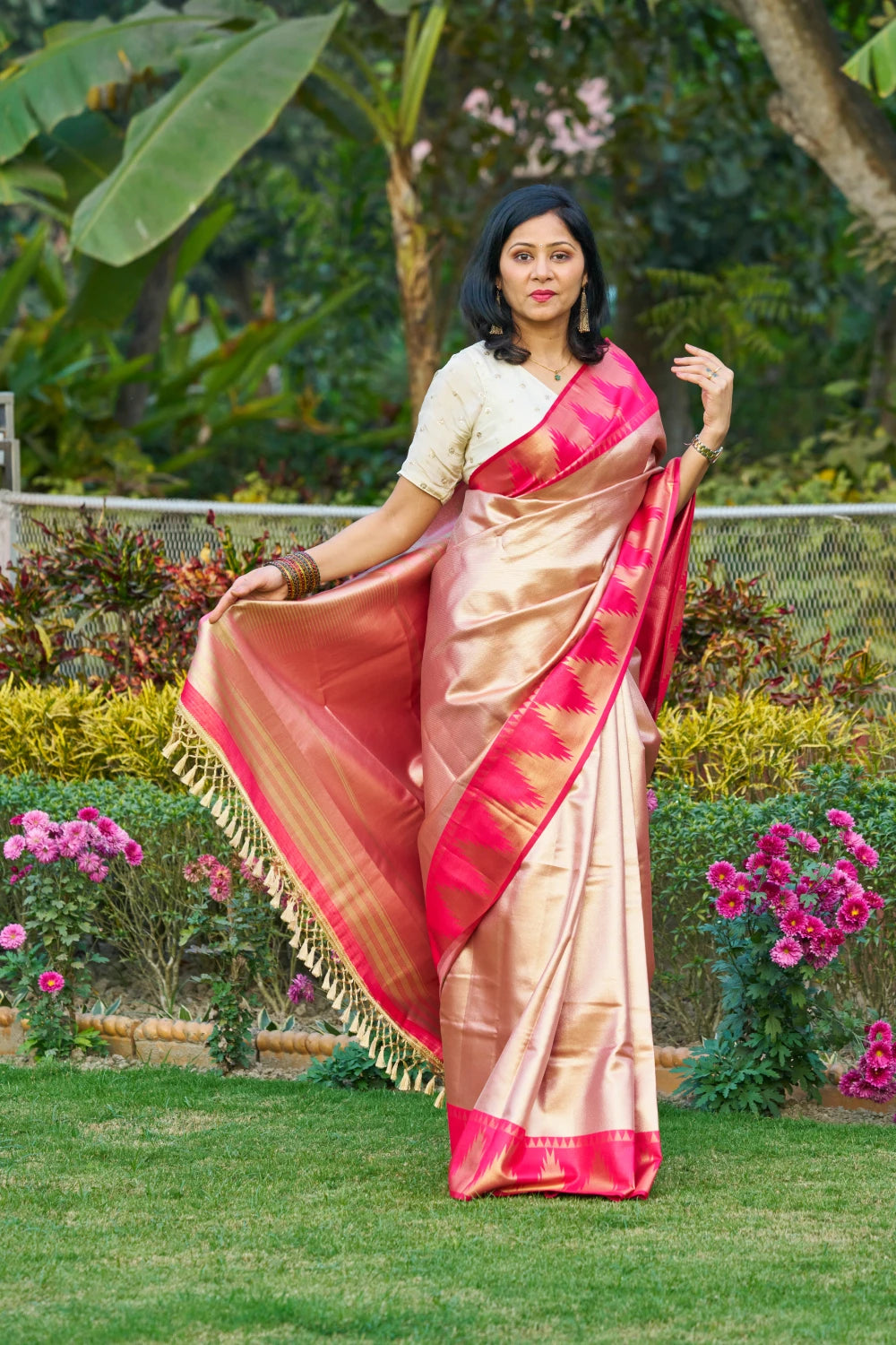 Glowing Rose Gold Saree With Rani Pink Magenta Temple Border
