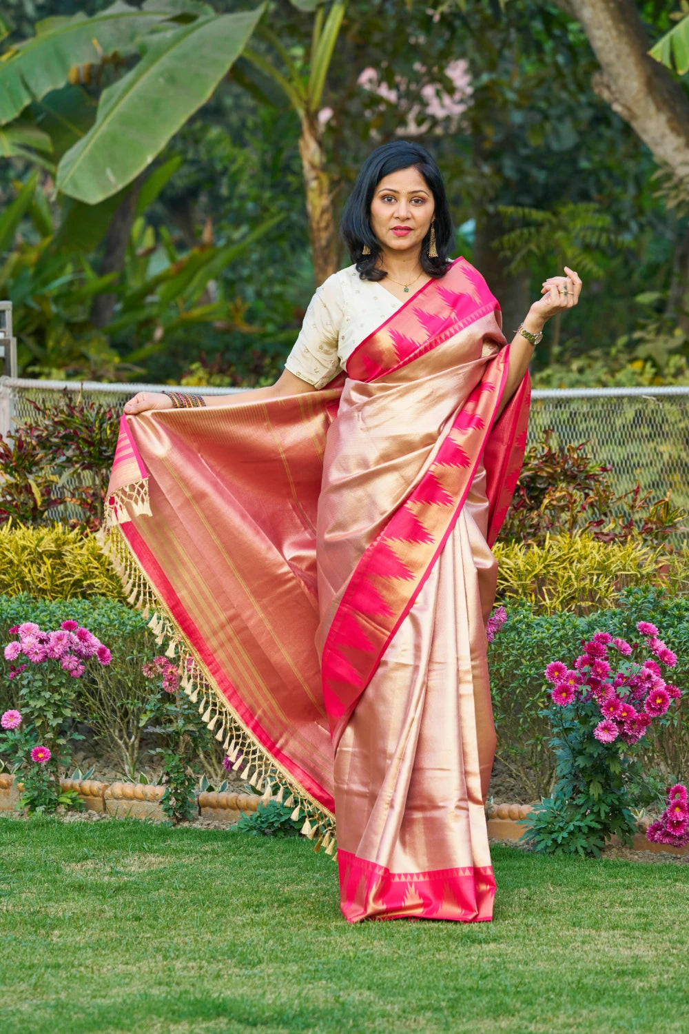 Glowing Rose Gold Saree With Rani Pink Magenta Temple Border