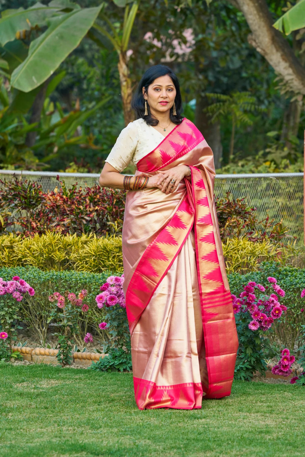 Glowing Rose Gold Saree With Rani Pink Magenta Temple Border