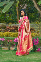 Glowing Rose Gold Saree With Rani Pink Magenta Temple Border