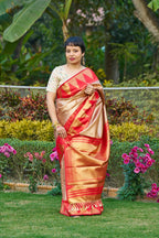 Majestic Champagne Gold Saree With Fiery Red Temple Border