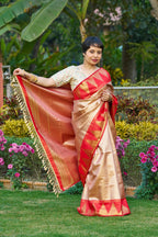 Majestic Champagne Gold Saree With Fiery Red Temple Border