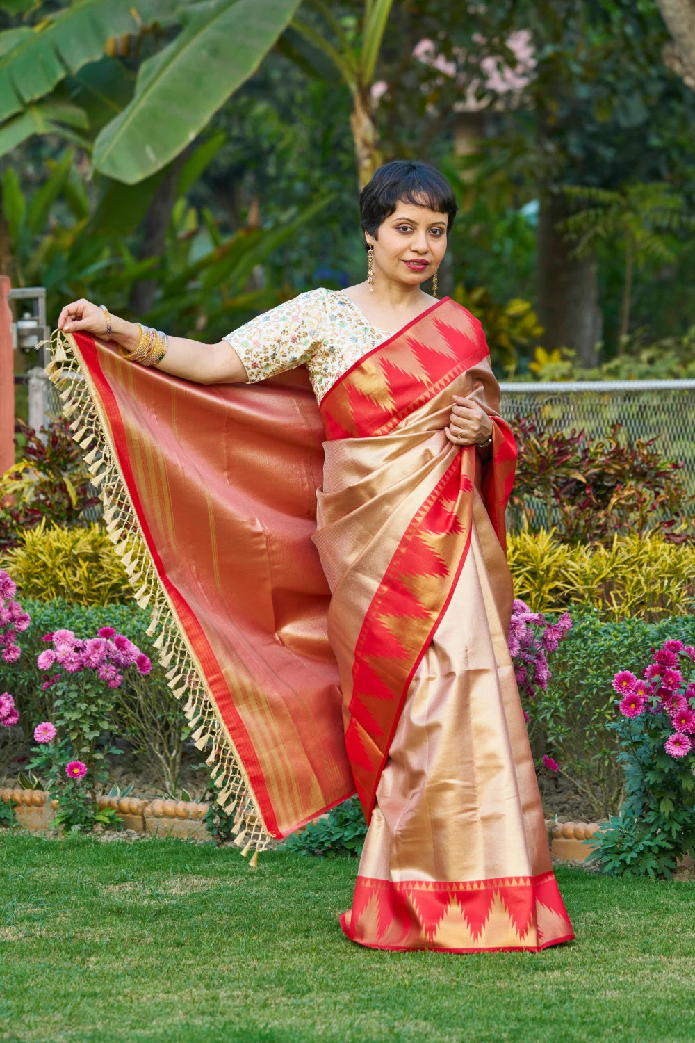 Majestic Champagne Gold Saree With Fiery Red Temple Border