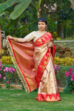 Majestic Champagne Gold Saree With Fiery Red Temple Border