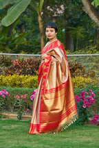 Majestic Champagne Gold Saree With Fiery Red Temple Border