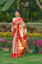 Majestic Champagne Gold Saree With Fiery Red Temple Border